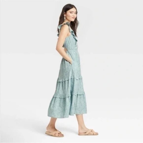 Universal Thread Floral Tiered Blue Midi Dress Womens Medium Boho Cottagecore - Picture 14 of 15